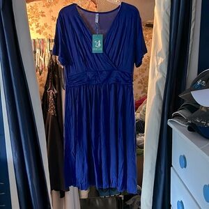 Royal blue, knee length dress.